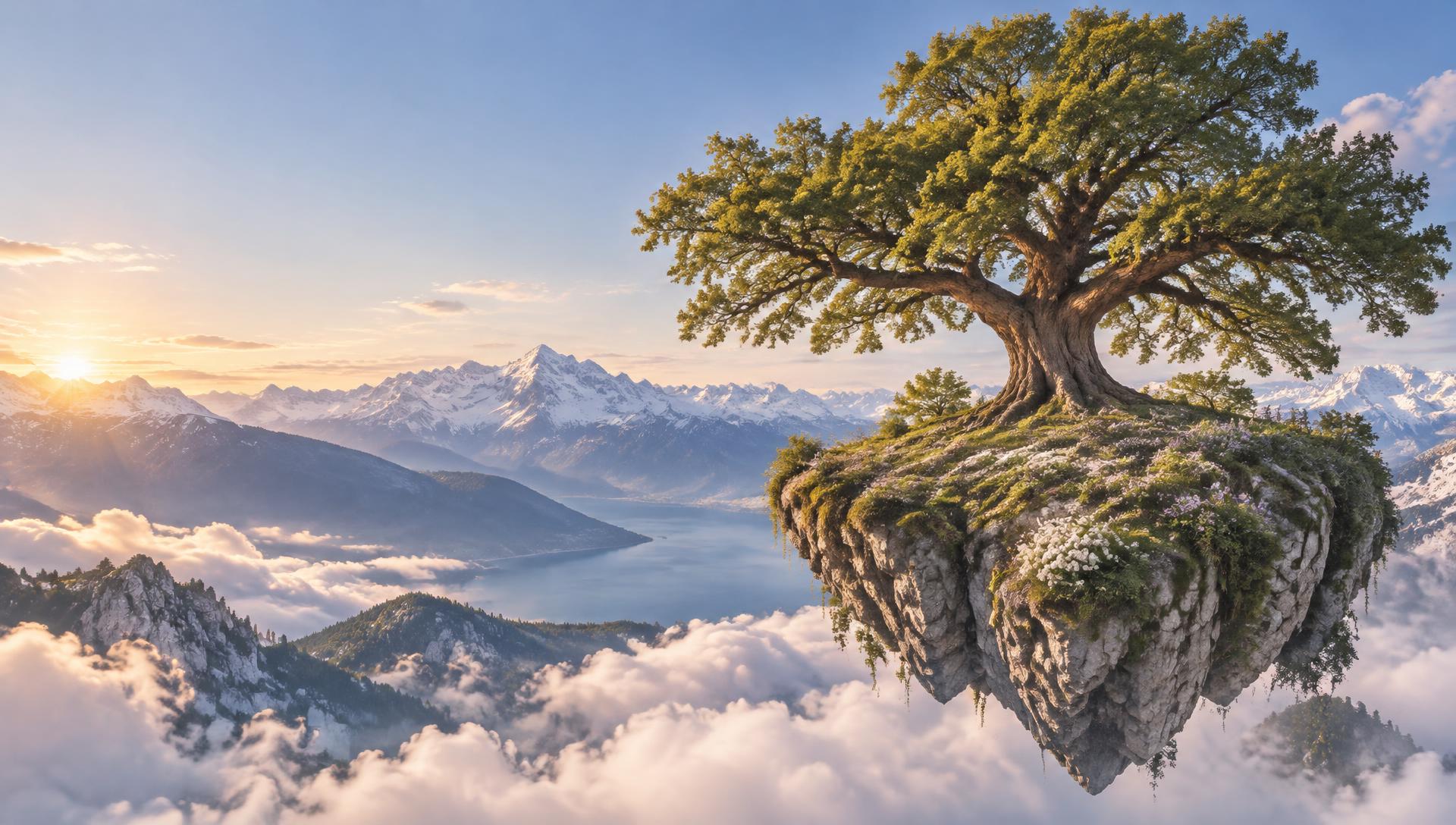 Un chêne ancestral sur une île flottante au-dessus des nuages et des Alpes